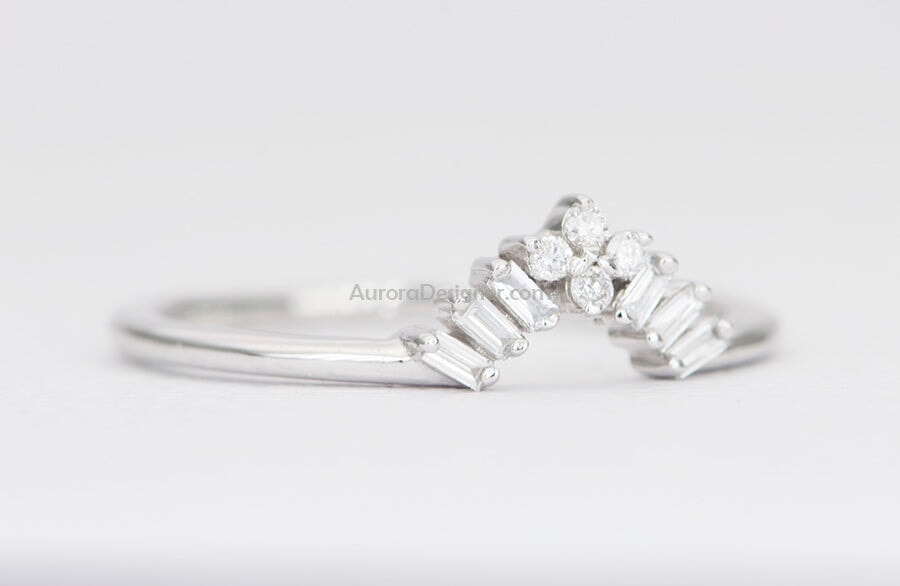 Three Baguette Diamond Crown Wedding Band 14K Gold AD1432 Aurora Designer