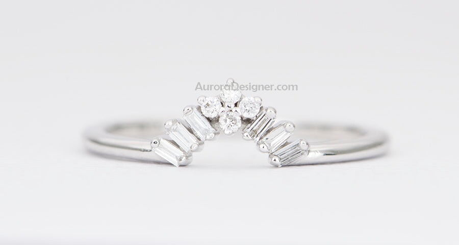 Three Baguette Diamond Crown Wedding Band 14K Gold AD1432 Aurora Designer