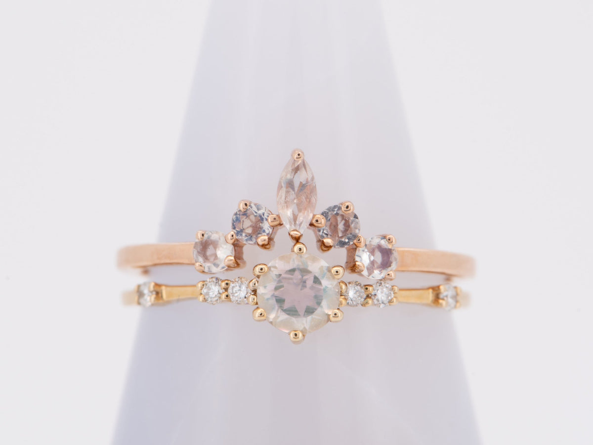 Round &amp; Marquise Rainbow Moonstone Ring 14K Gold Crown Wedding Band Curve Contoured AD1446M Aurora Designer