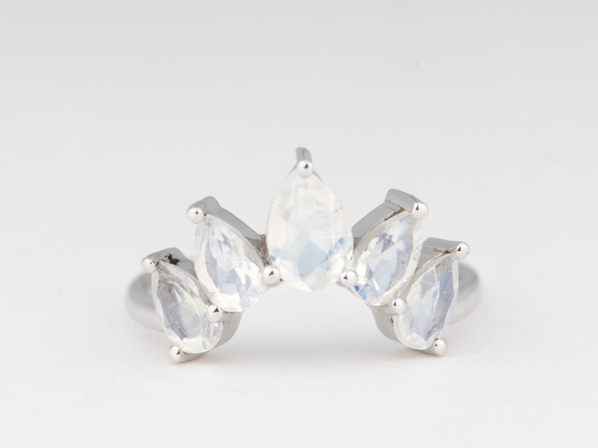 Pear Shape Faceted Rainbow Moonstone Crown Ring 14K Gold Unique Wedding Band AD1456M Closeout