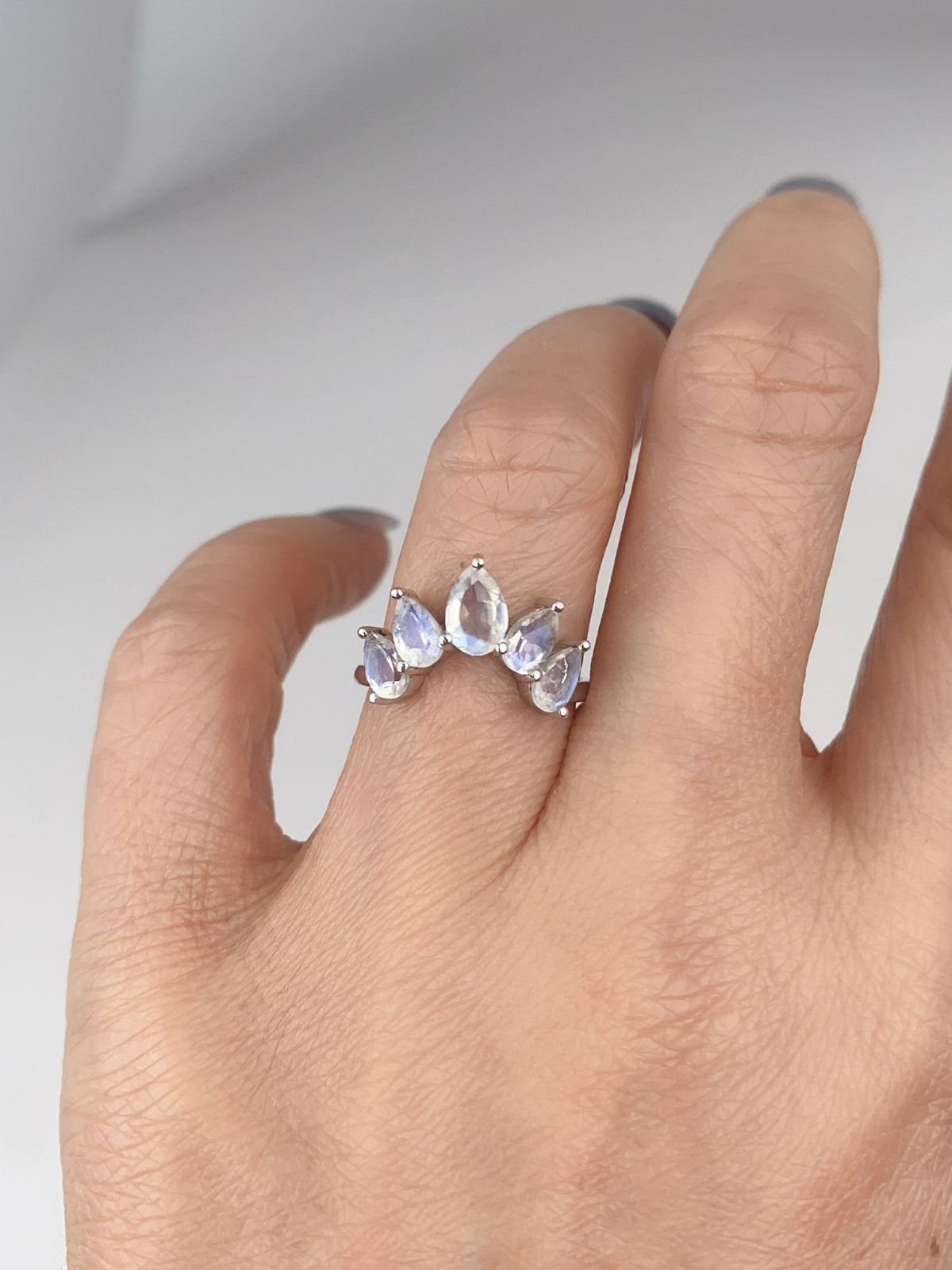 Pear Shape Faceted Rainbow Moonstone Crown Ring 14K Gold Unique Wedding Band AD1456M Closeout