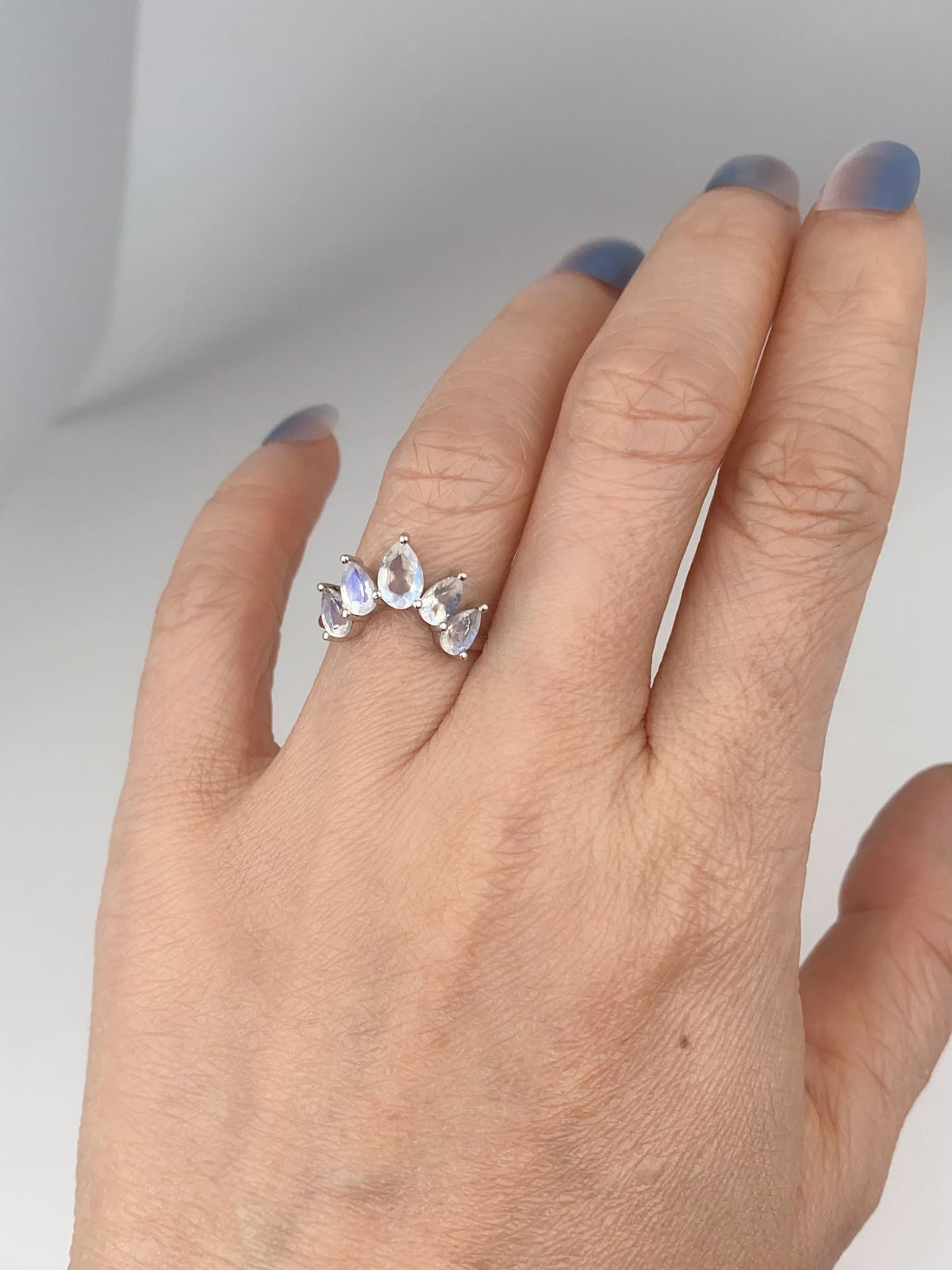 Pear Shape Faceted Rainbow Moonstone Crown Ring 14K Gold Unique Wedding Band AD1456M Closeout