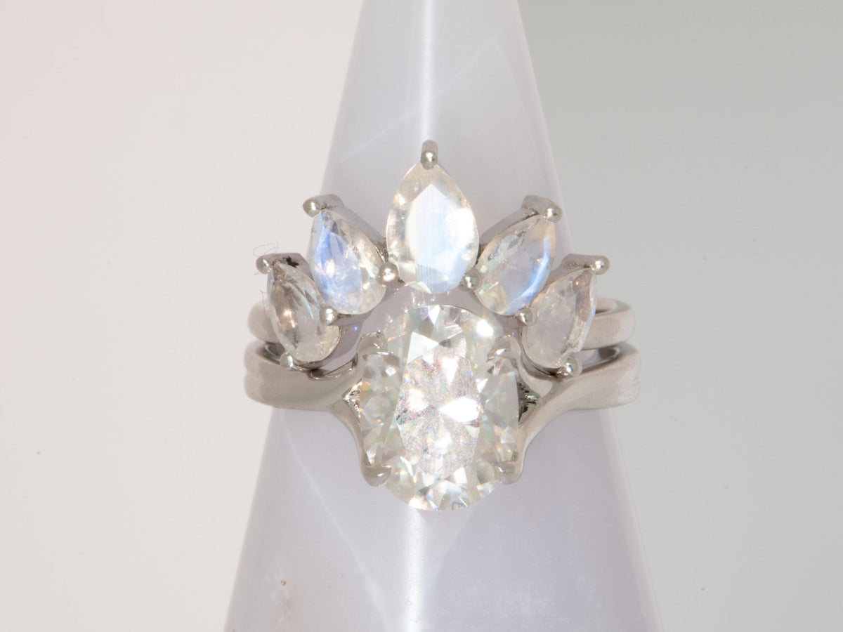 Pear Shape Faceted Rainbow Moonstone Crown Ring 14K Gold Unique Wedding Band AD1456M Aurora Designer