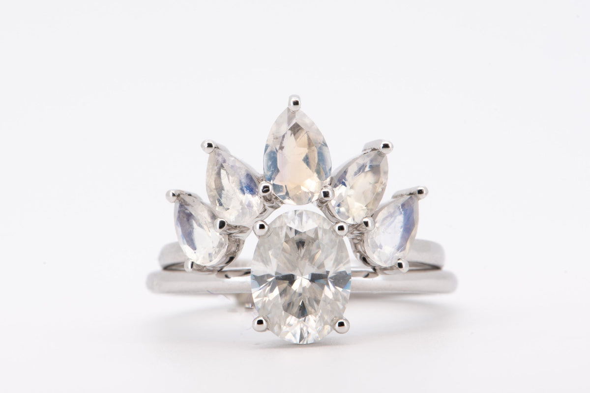 Pear Shape Faceted Rainbow Moonstone Crown Ring 14K Gold Unique Wedding Band AD1456M Aurora Designer