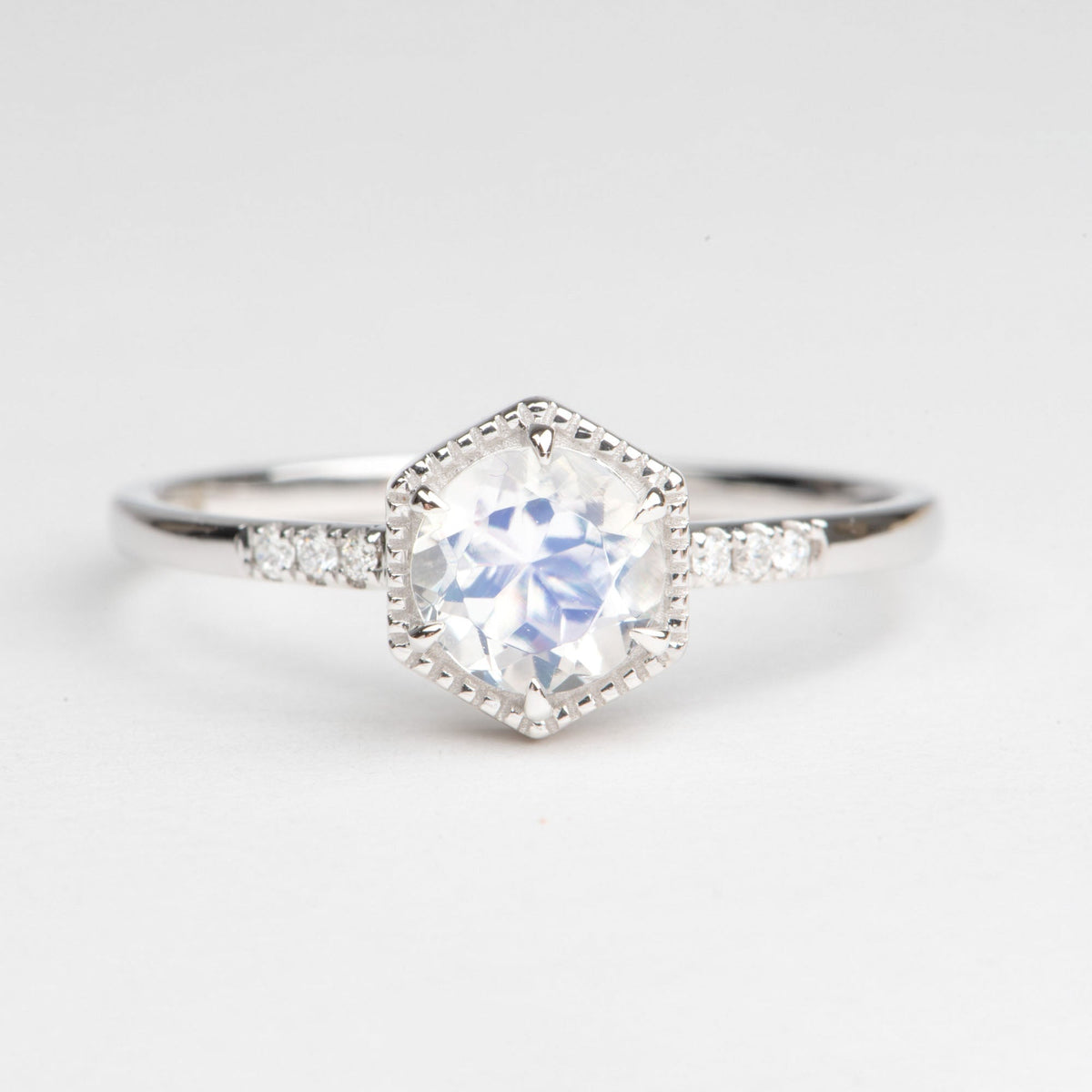 6mm Rainbow Moonstone Engagement Ring 14K White Gold AD1462M Closeout