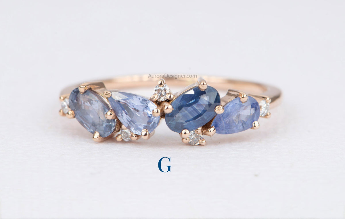 Mixed Sapphire Diamond Cluster Ring 14K Gold Collage Aurora Designer