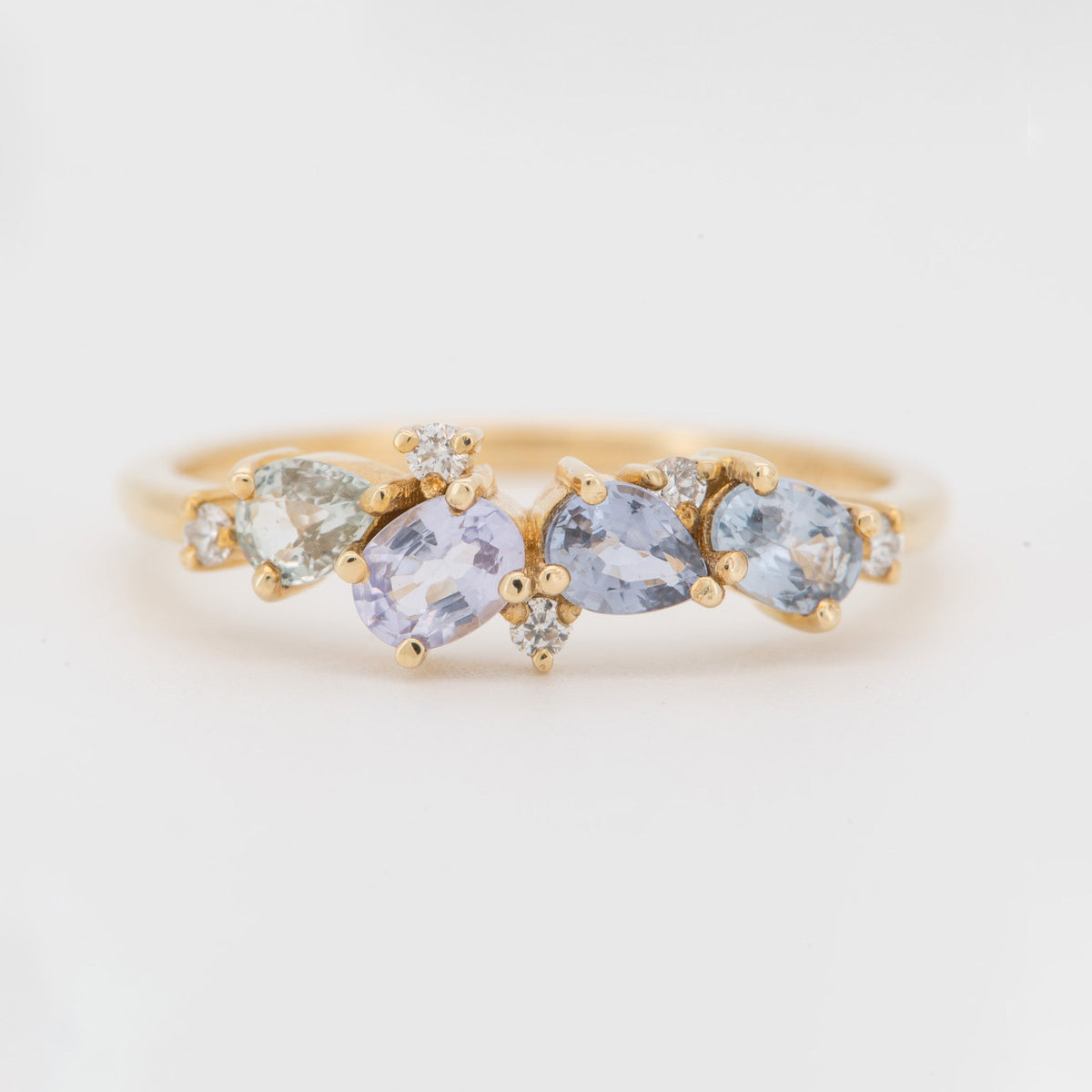 Mixed Blue Green Mermaid Sapphire and Diamond Cluster Band 14K Gold AD1469R Closeout