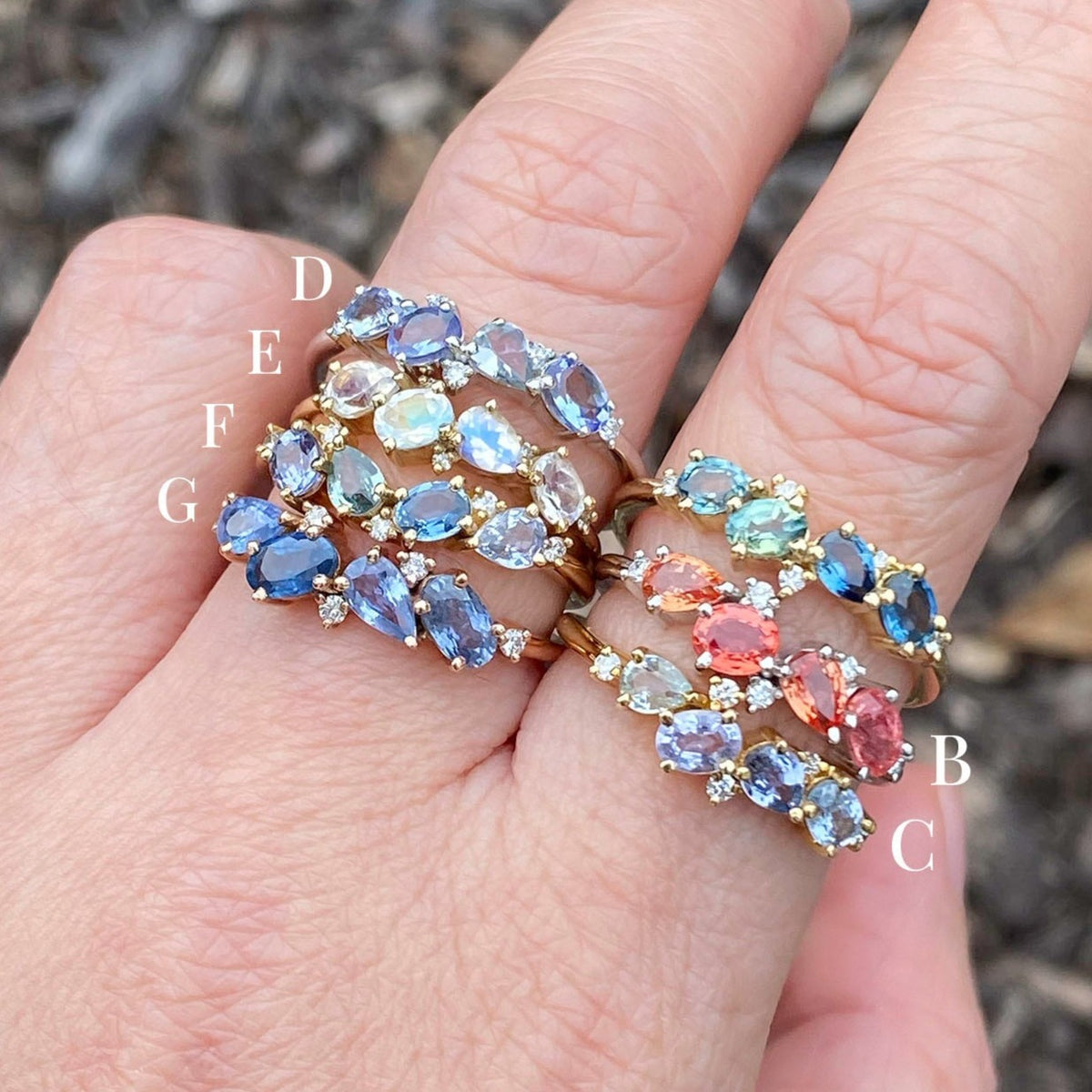 Mixed Sapphire Diamond Cluster Ring 14K Gold Collage Aurora Designer