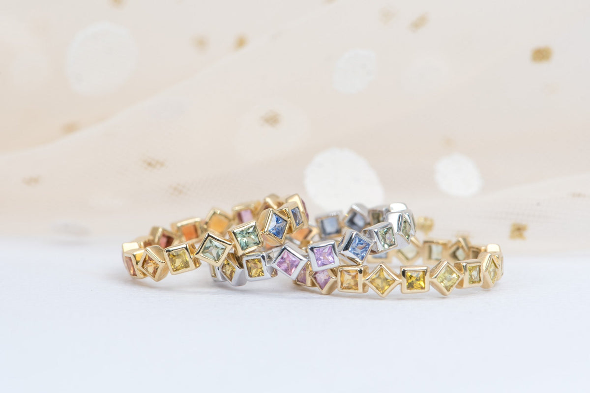 Rainbow Sapphire Ring 14k White Gold Full Eternity Wedding Band AD1470E Aurora Designer