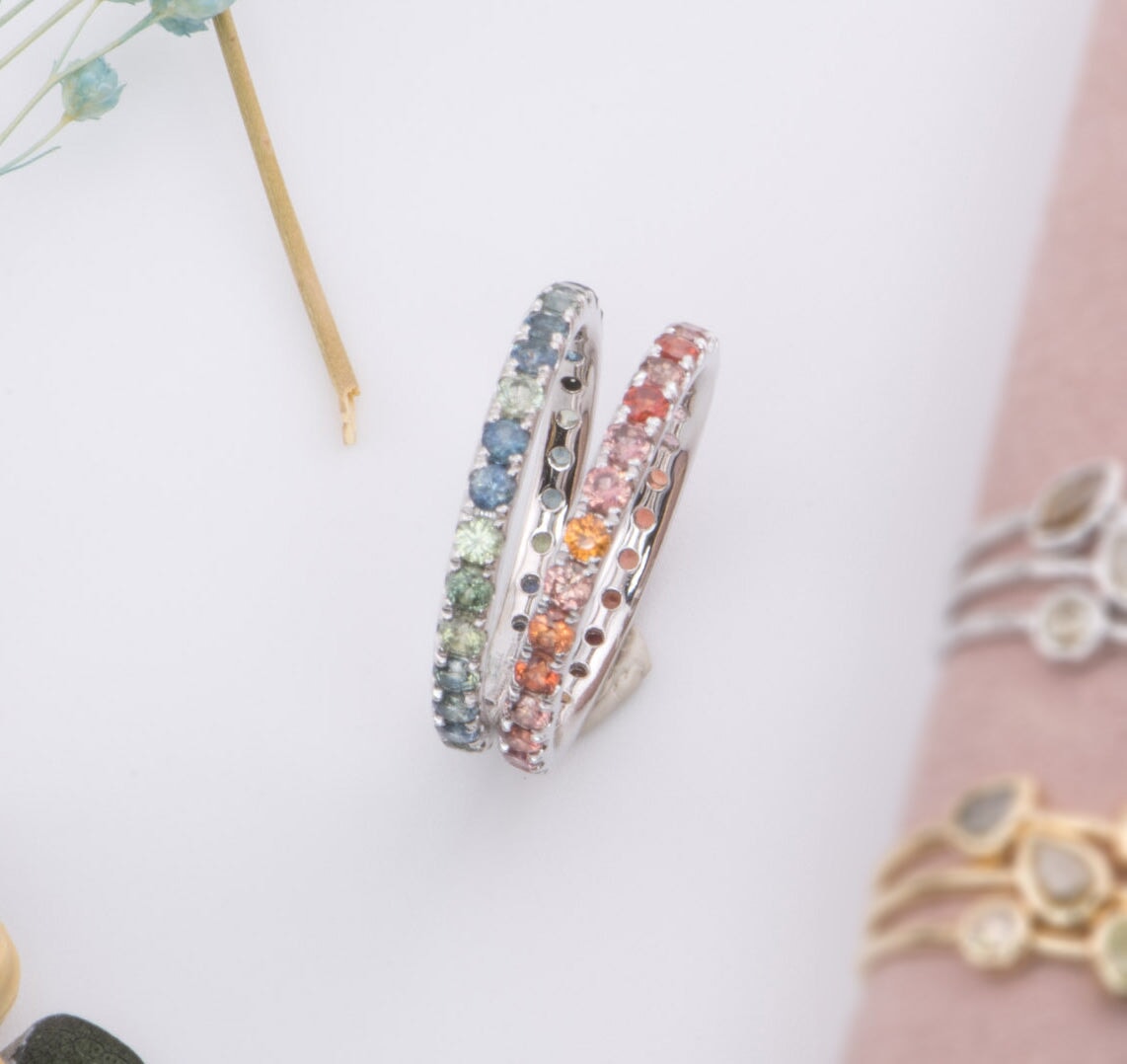 14K Gold Mixed Sapphire Gradient Color Full Eternity Wedding Band Aurora Designer