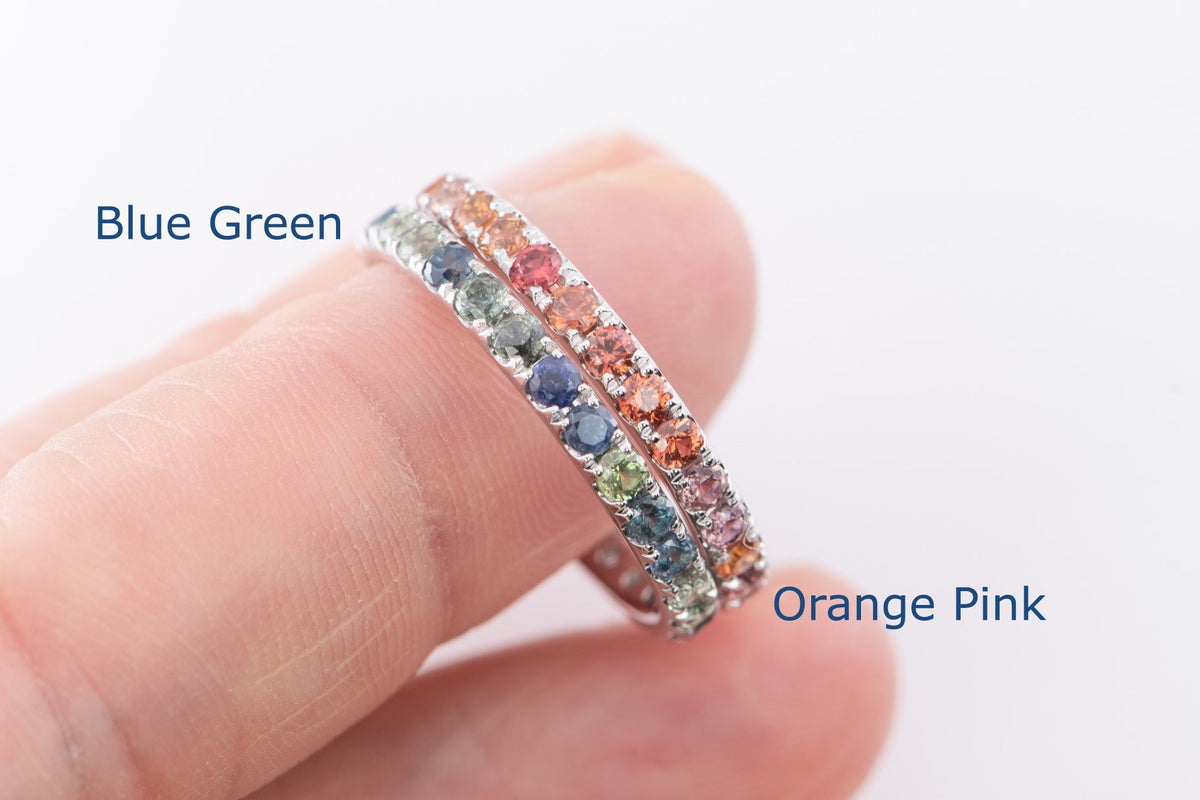 14K Gold Mixed Sapphire Gradient Color Full Eternity Wedding Band Aurora Designer