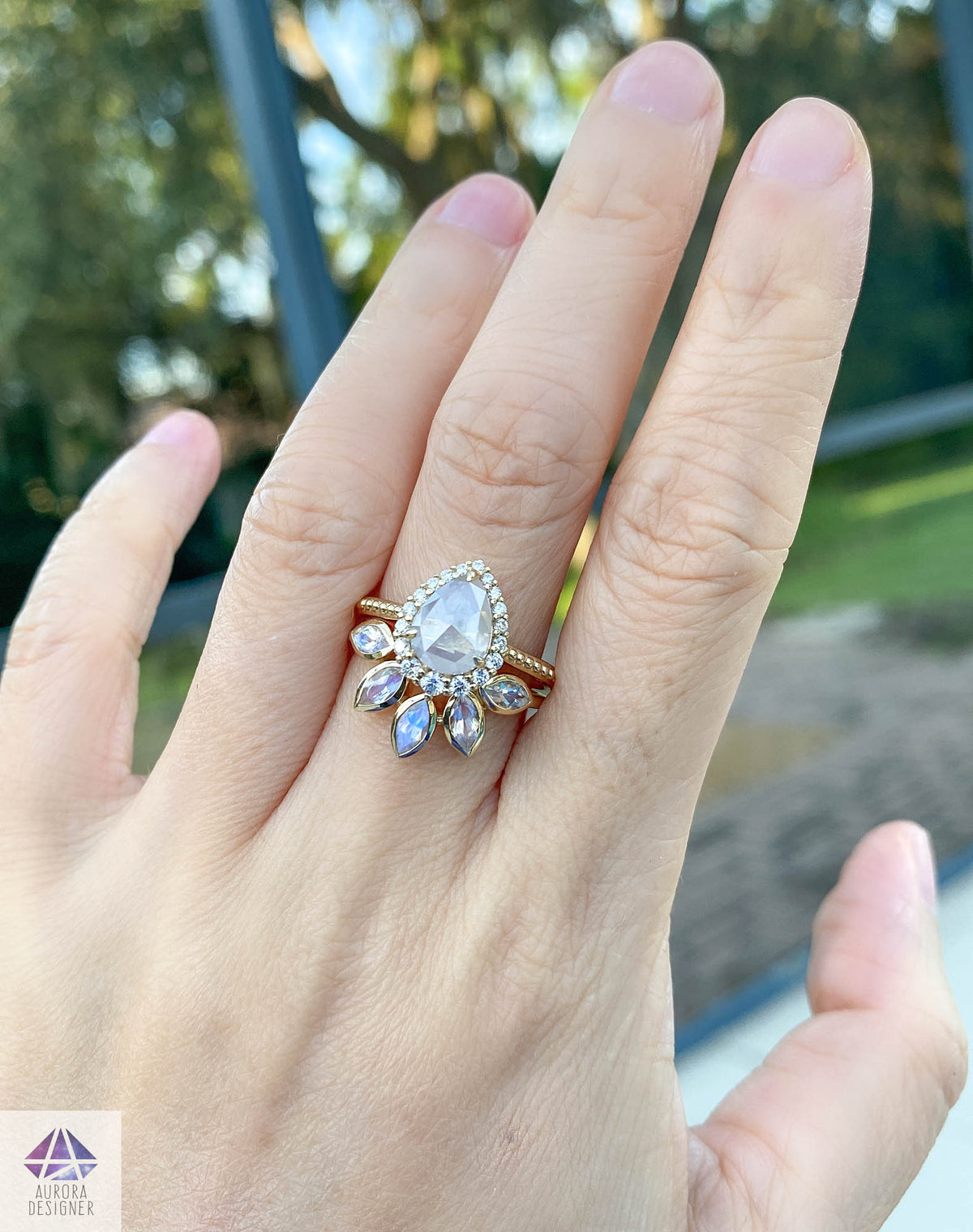 Large Marquise Moonstone Crown Ring 14K Gold Unique Wedding Band AD1512 Aurora Designer