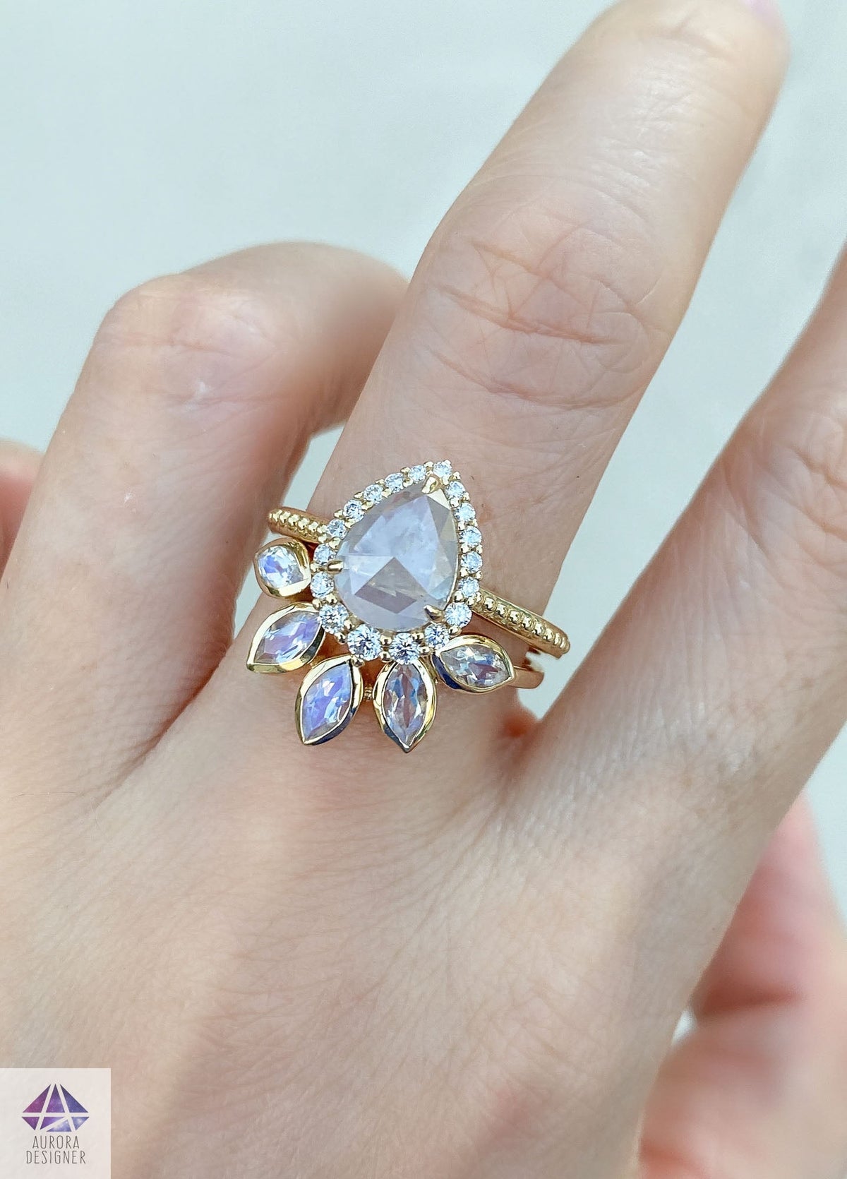 Large Marquise Moonstone Crown Ring 14K Gold Unique Wedding Band AD1512 Aurora Designer
