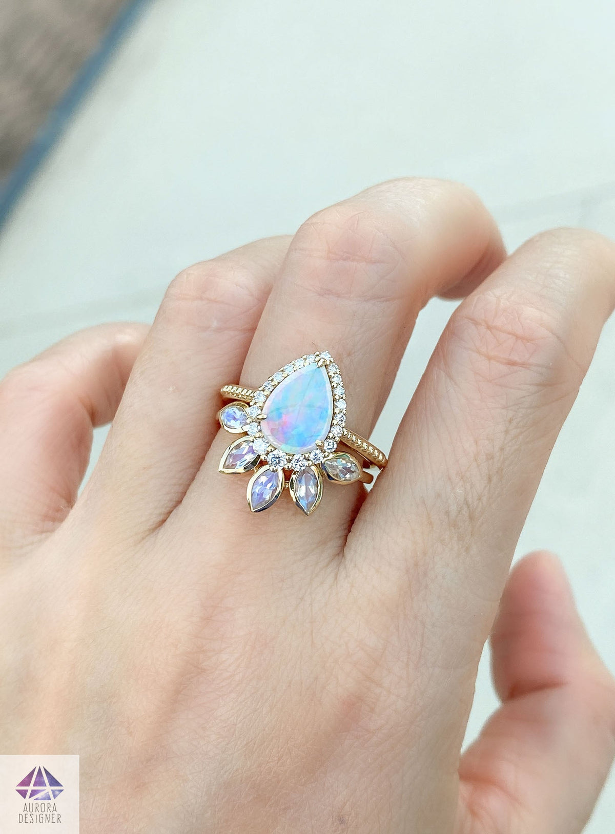 Large Marquise Moonstone Crown Ring 14K Gold Unique Wedding Band AD1512 Aurora Designer