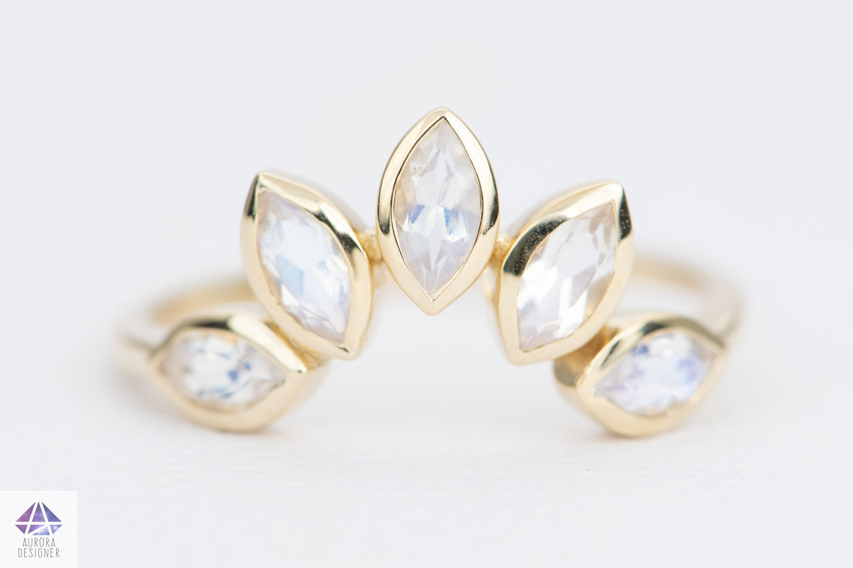 Large Marquise Moonstone Crown Ring 14K Gold Unique Wedding Band AD1512 Aurora Designer