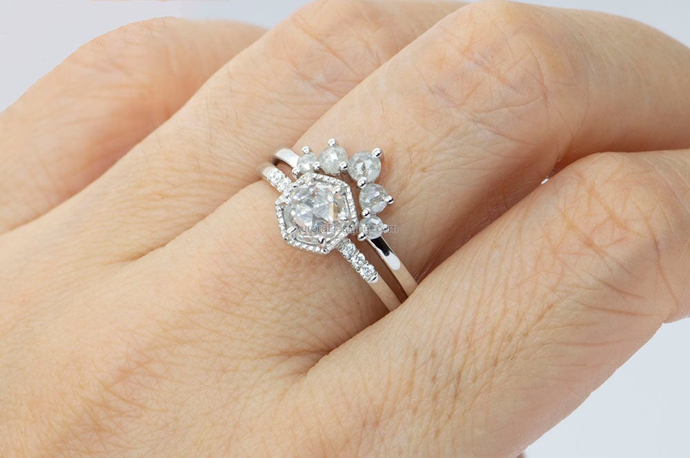 Light Salt and Pepper Diamond Crown Ring 14K White Gold AD1536 Aurora Designer