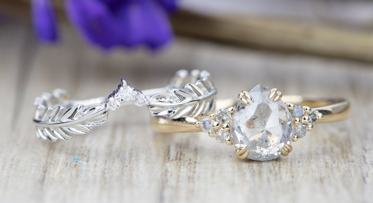 Curved Leaf Diamond Ring Unique Wedding Band 14K 18K Gold Nesting Rings Enhancer Stacker AD1546 Aurora Designer