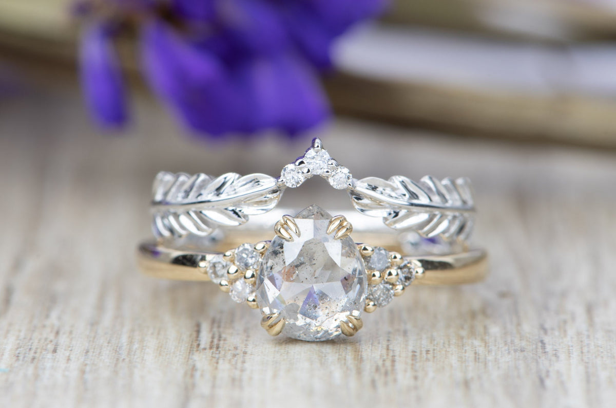 Curved Leaf Diamond Ring Unique Wedding Band 14K 18K Gold Nesting Rings Enhancer Stacker AD1546 Aurora Designer