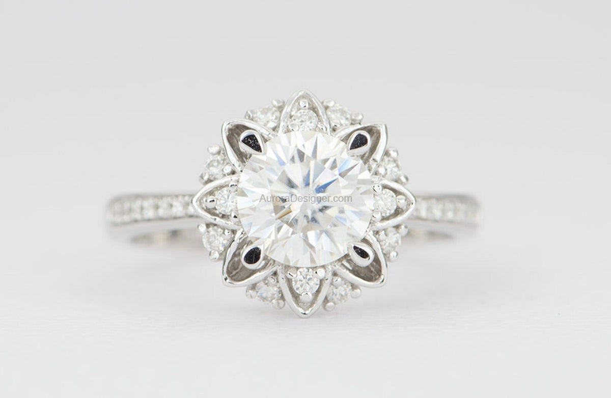 One-Carat Moissanite Unique Engagement Ring 14K White Gold AD1554 Aurora Designer