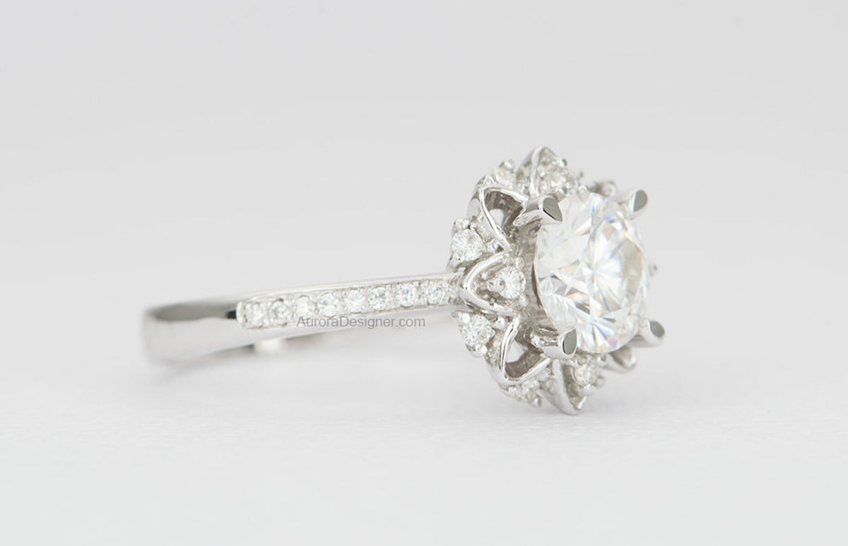 One-Carat Moissanite Unique Engagement Ring 14K White Gold AD1554 Aurora Designer