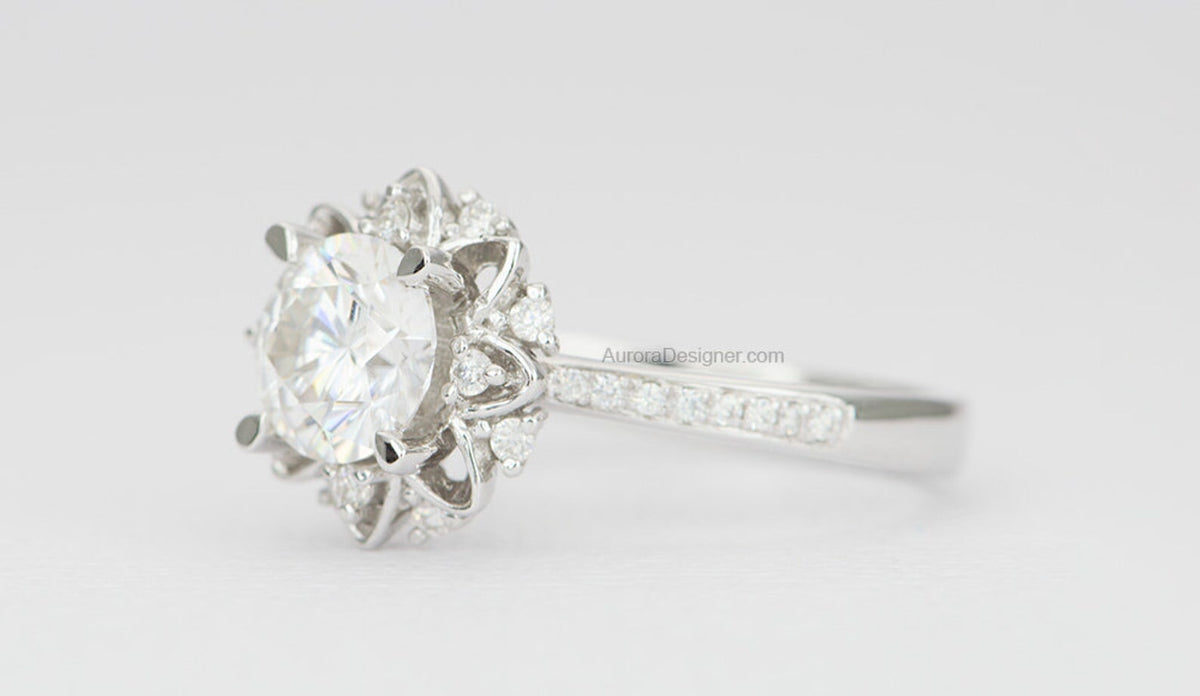 One-Carat Moissanite Unique Engagement Ring 14K White Gold AD1554 Aurora Designer