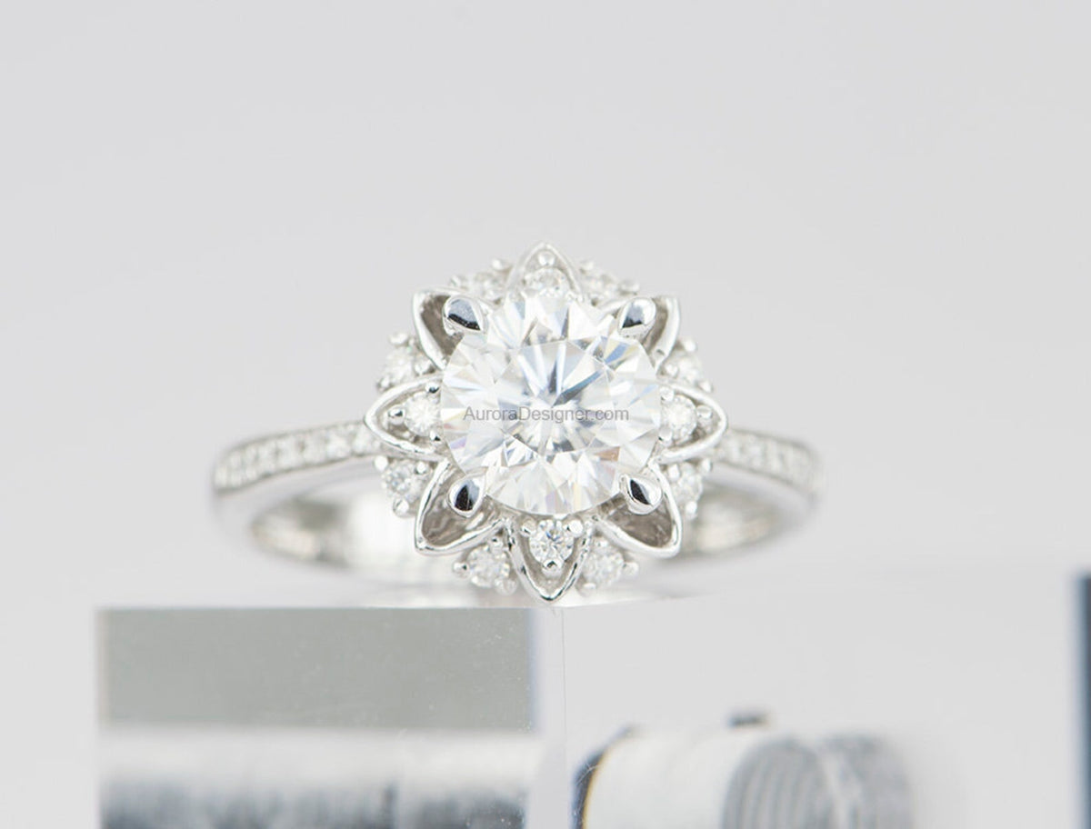 One-Carat Moissanite Unique Engagement Ring 14K White Gold AD1554 Aurora Designer