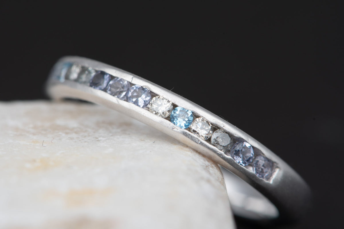 Mixed Blue Green Gray Diamond and Gemstone Ring in Channel Setting 14K Gold Mermaid Colors AD1559 Closeout