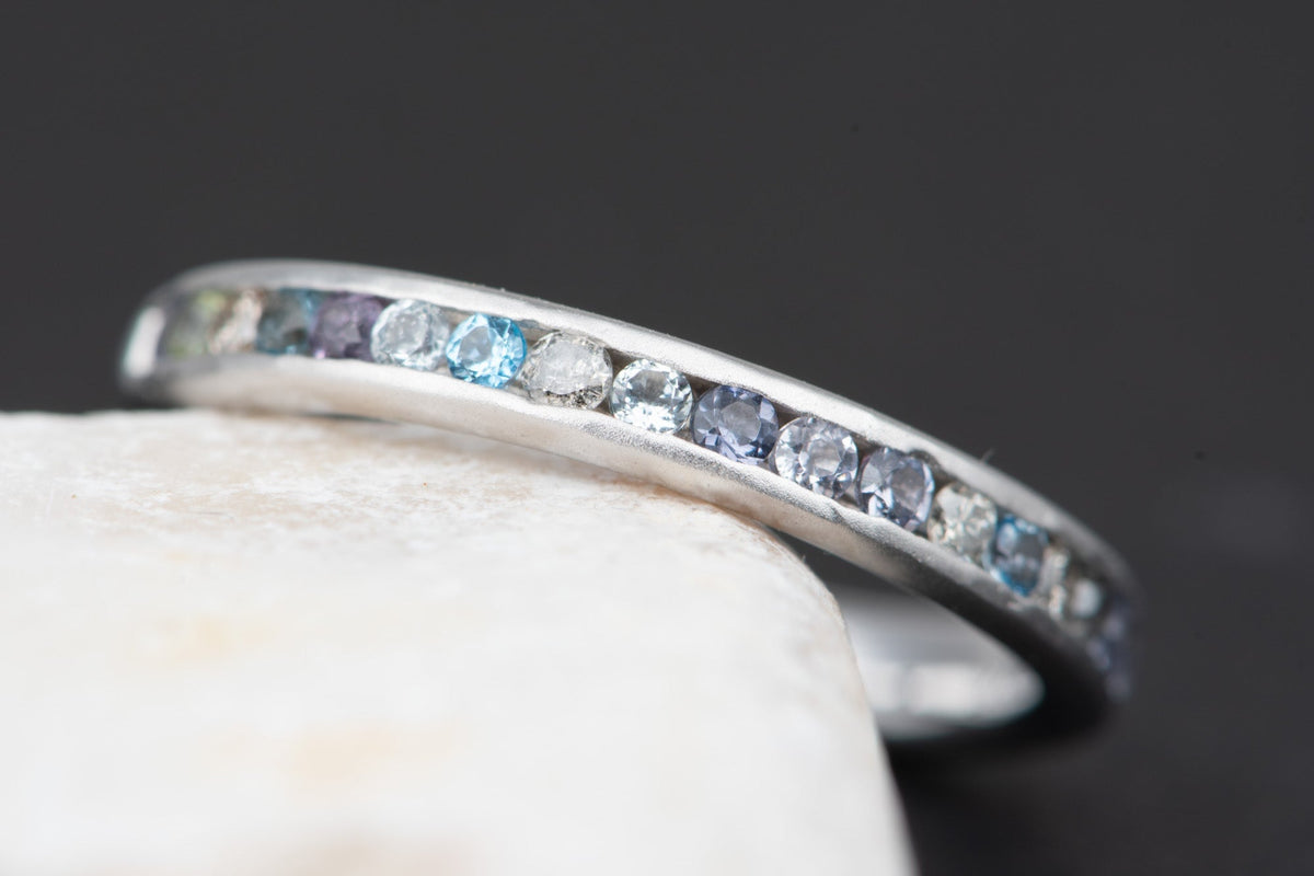 Mixed Blue Green Gray Diamond and Gemstone Ring in Channel Setting 14K Gold Mermaid Colors AD1559 Closeout