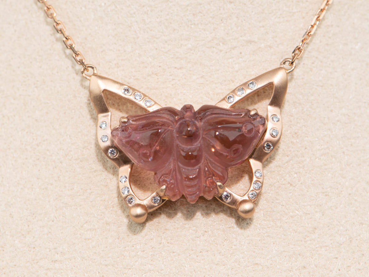 4.22ct Butterfly Tourmaline Carving 17" Necklace 18K Rose Gold AD1560 Aurora Designer
