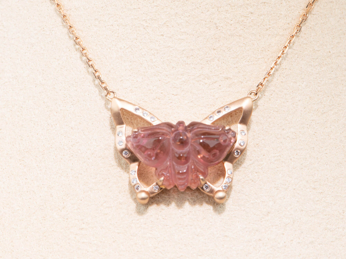 4.22ct Butterfly Tourmaline Carving 17" Necklace 18K Rose Gold AD1560 Aurora Designer