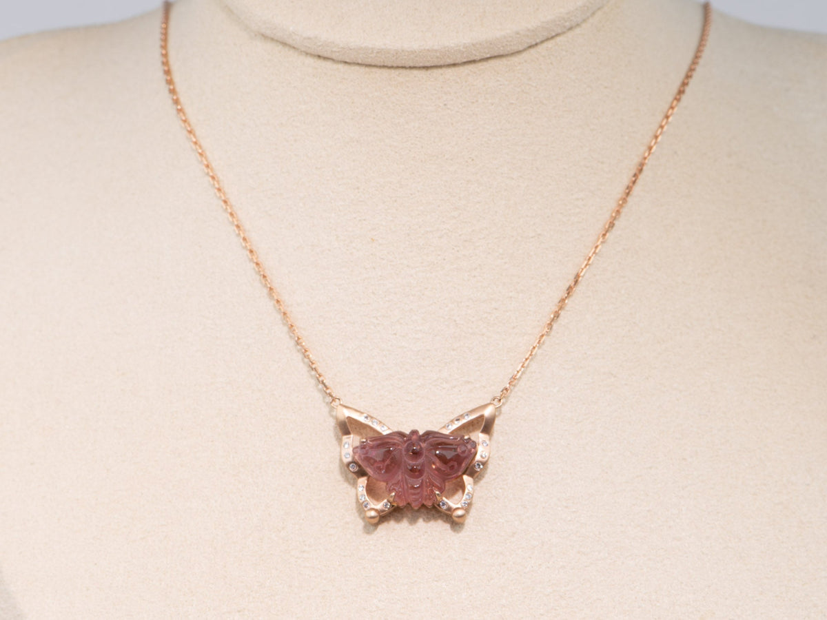 4.22ct Butterfly Tourmaline Carving 17" Necklace 18K Rose Gold AD1560 Aurora Designer