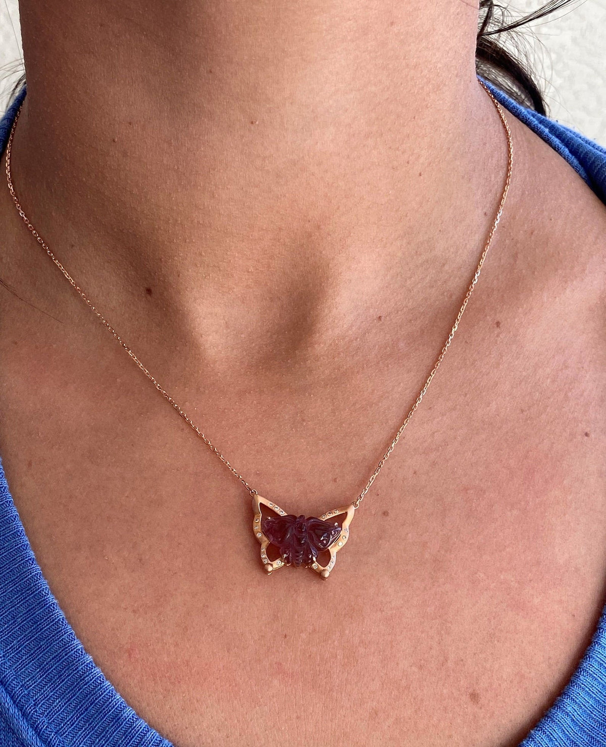 4.22ct Butterfly Tourmaline Carving 17" Necklace 18K Rose Gold AD1560 Aurora Designer