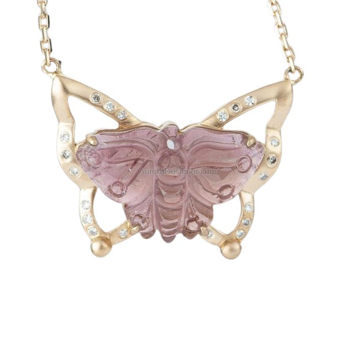 4.22ct Butterfly Tourmaline Carving 17" Necklace 18K Rose Gold AD1560 Aurora Designer