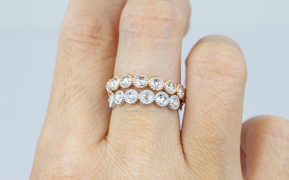 Full Eternity Rose Cut Moissanite Wedding Band 14k Rose Gold AD1599 Aurora Designer