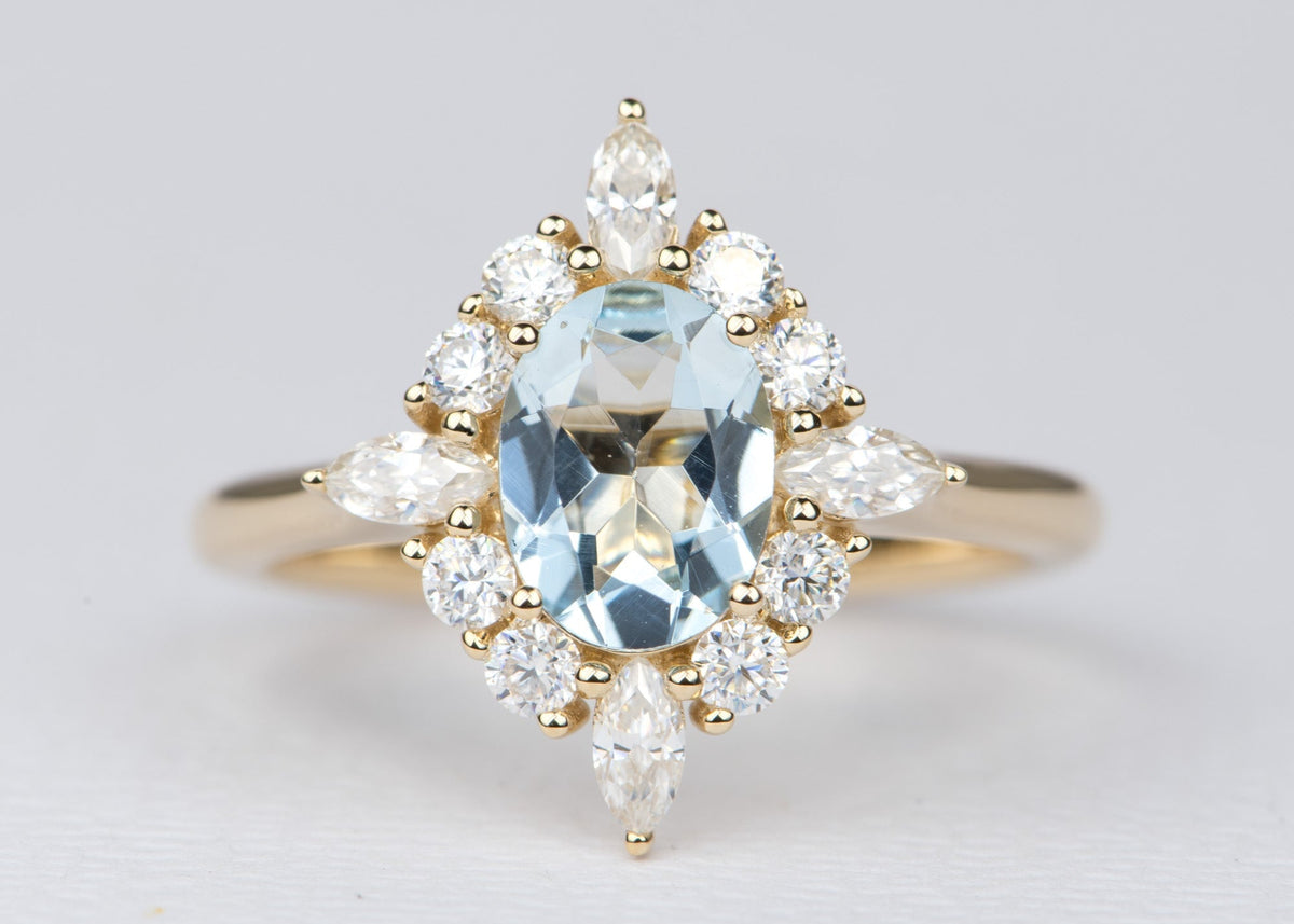 Oval Aquamarine with Moissanite Halo 14K Gold Engagement Ring AD1649-1 Aurora Designer