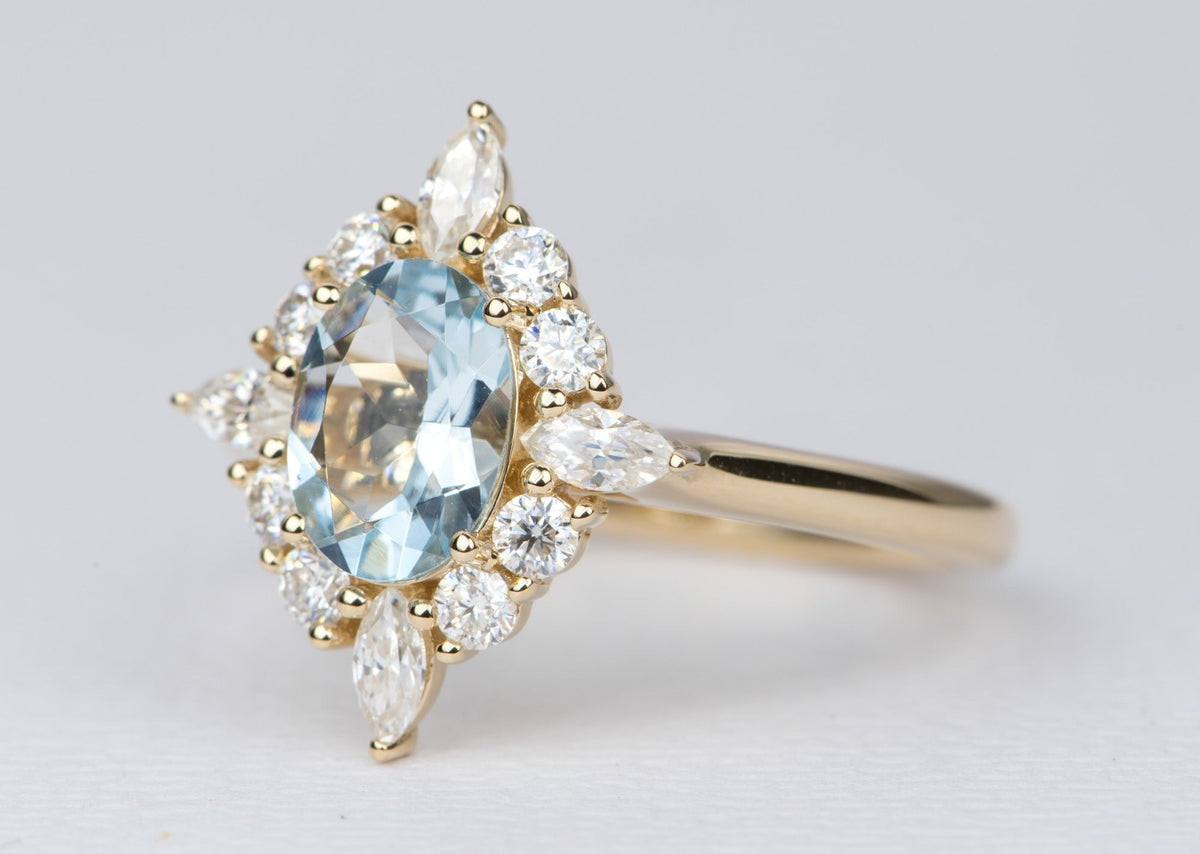 Oval Aquamarine with Moissanite Halo 14K Gold Engagement Ring AD1649-1 Aurora Designer
