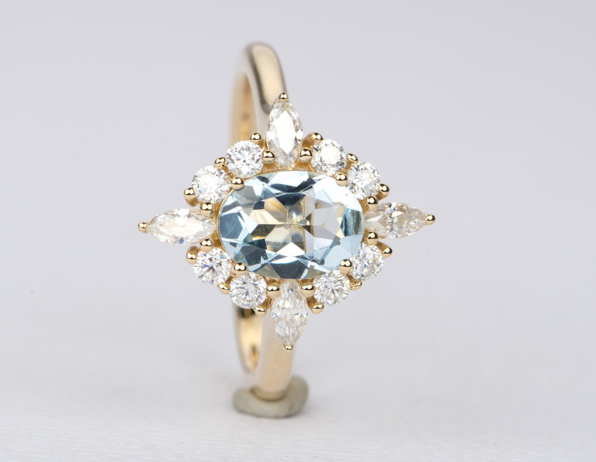 Oval Aquamarine with Moissanite Halo 14K Gold Engagement Ring AD1649-1 Aurora Designer
