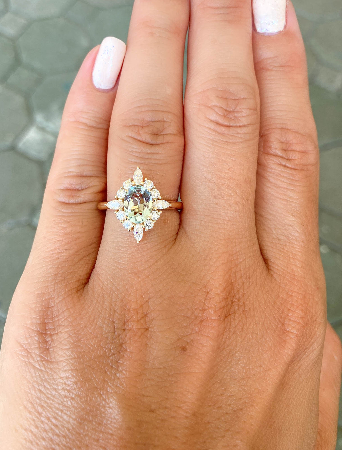 Oval Aquamarine with Moissanite Halo 14K Gold Engagement Ring AD1649-1 Aurora Designer