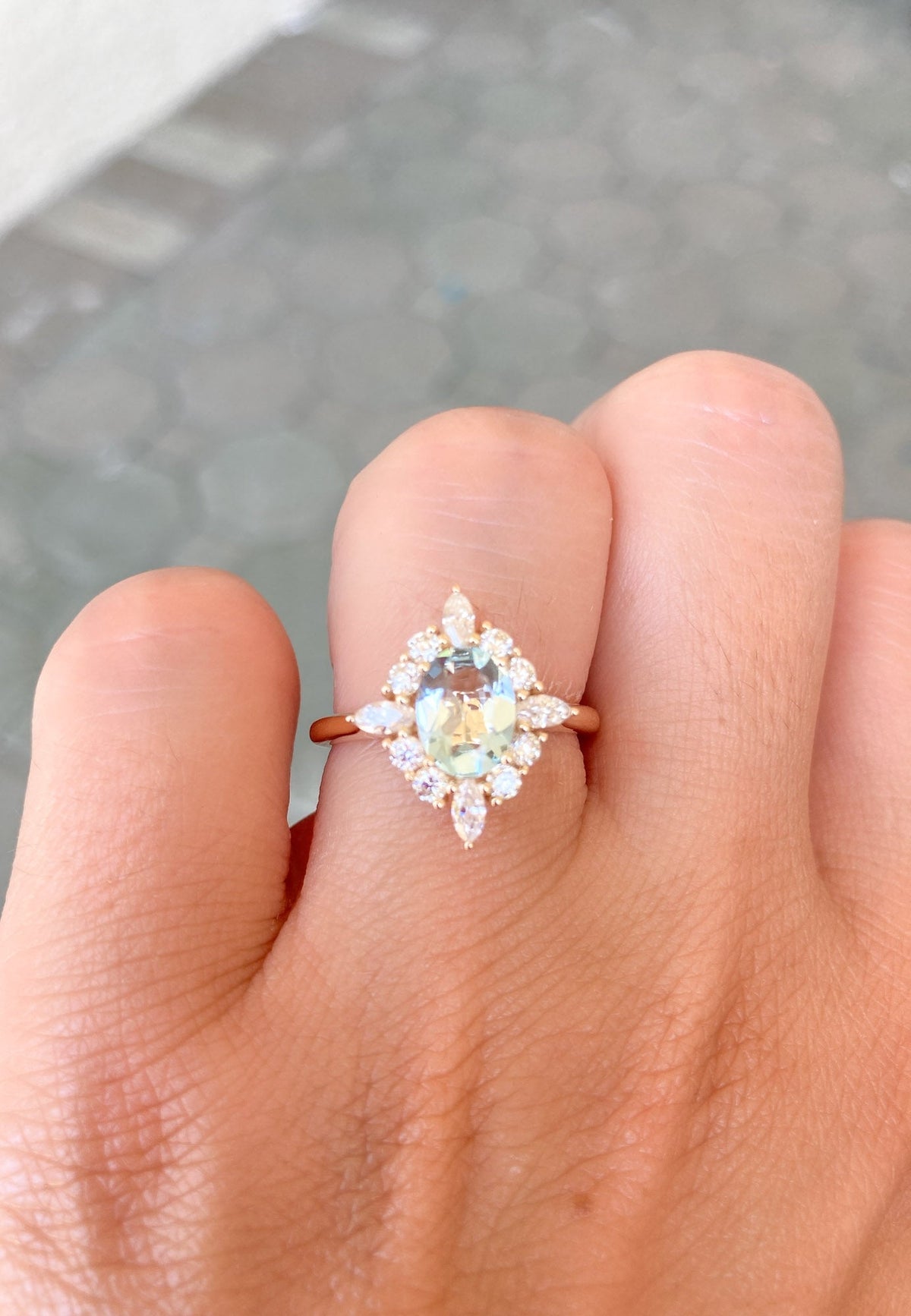 Oval Aquamarine with Moissanite Halo 14K Gold Engagement Ring AD1649-1 Aurora Designer