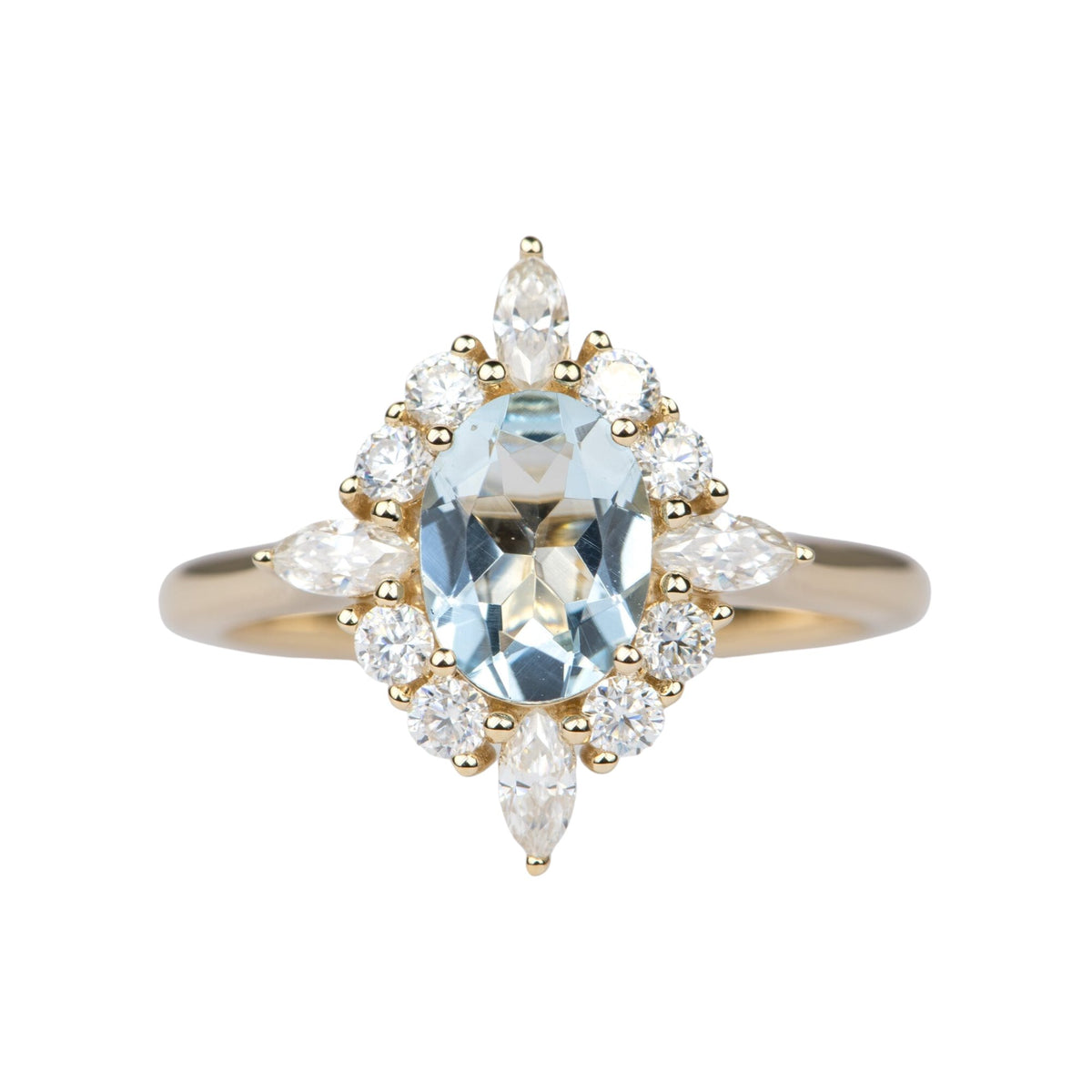 Oval Aquamarine with Moissanite Halo 14K Gold Engagement Ring AD1649-1 Aurora Designer