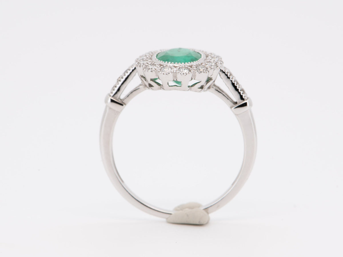 1.81ctw Emerald and Diamond Halo Scallop Milgrain Edge 18K Gold Engagement Ring AD1653 Aurora Designer