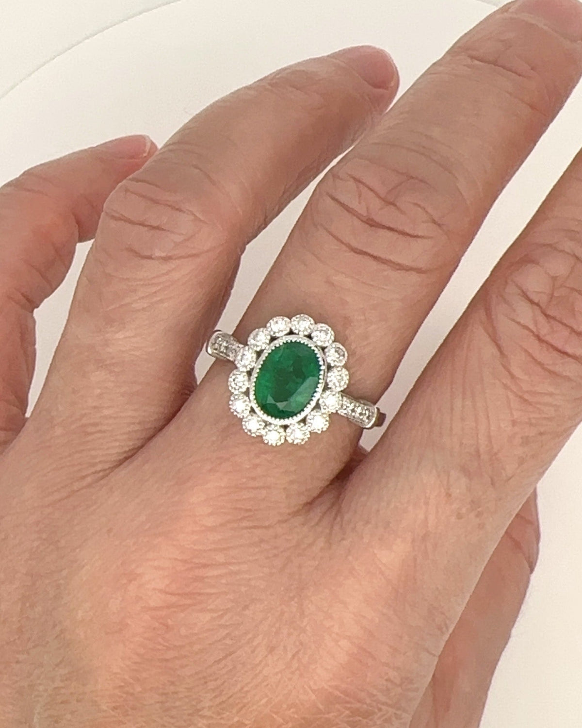 1.81ctw Emerald and Diamond Halo Scallop Milgrain Edge 18K Gold Engagement Ring AD1653 Aurora Designer