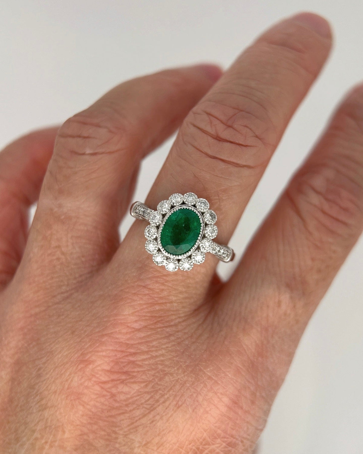 1.81ctw Emerald and Diamond Halo Scallop Milgrain Edge 18K Gold Engagement Ring AD1653 Aurora Designer