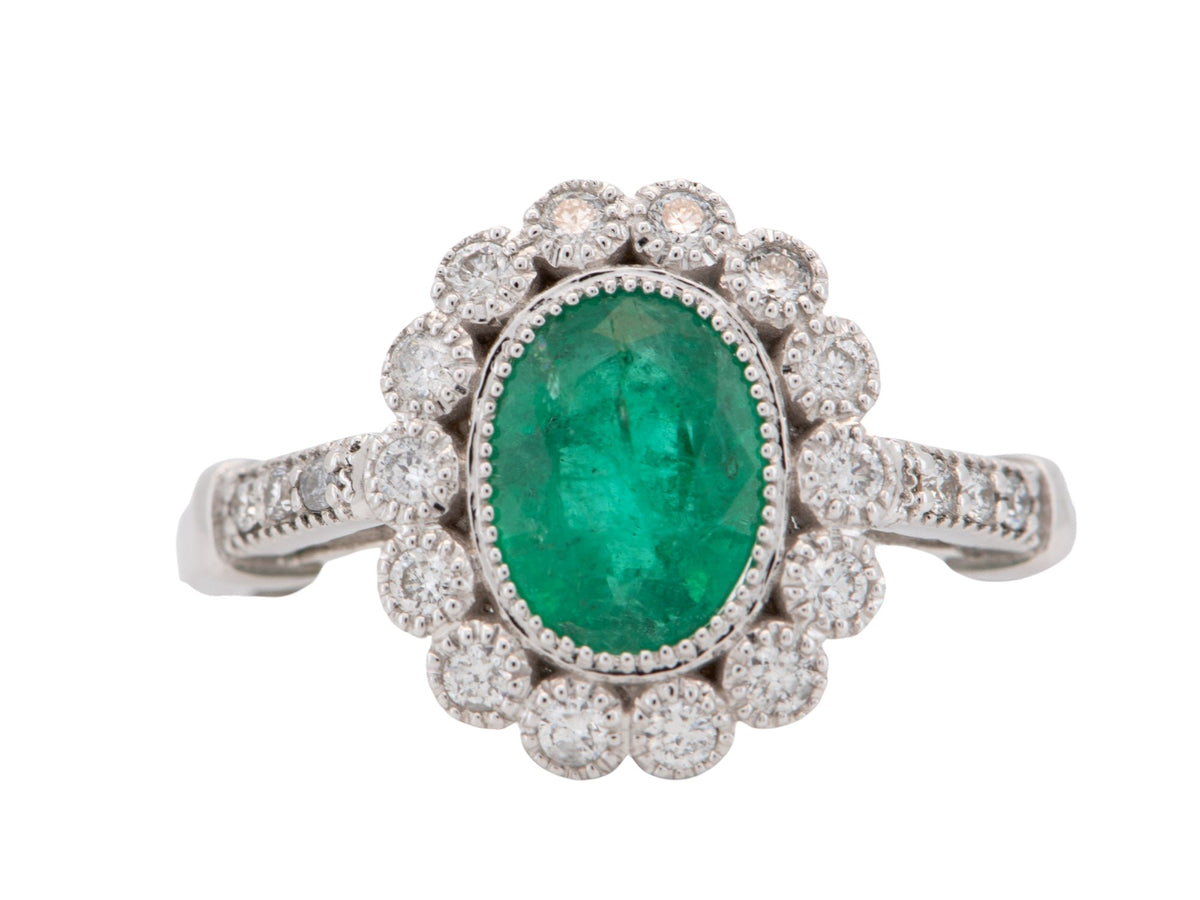 1.81ctw Emerald and Diamond Halo Scallop Milgrain Edge 18K Gold Engagement Ring AD1653 Aurora Designer