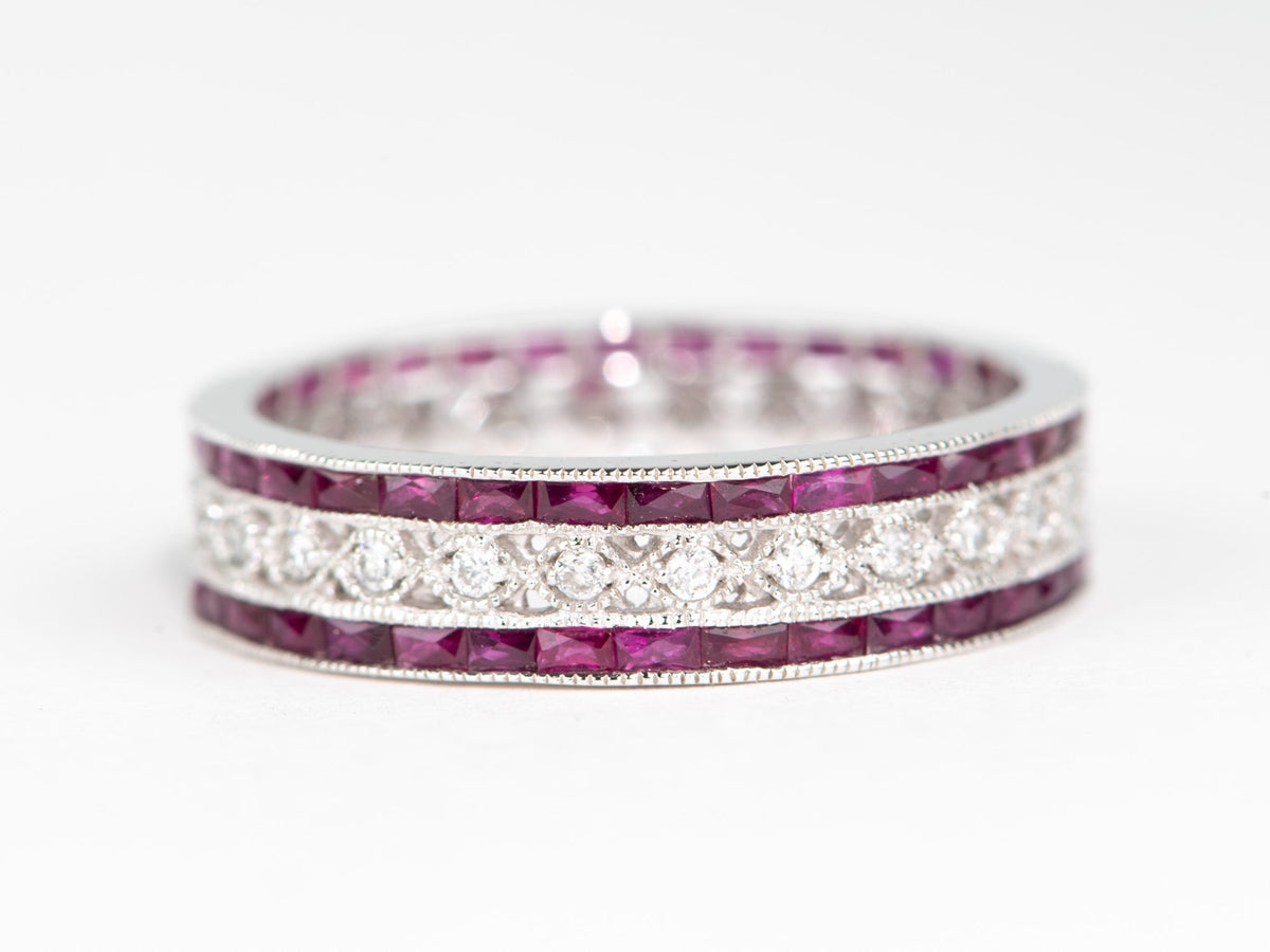 Art Deco Diamond Milgrain Eternity Ring French Cut Ruby Rubies Vintage Inspired 18K White Gold Wedding Band AD1654 Aurora Designer