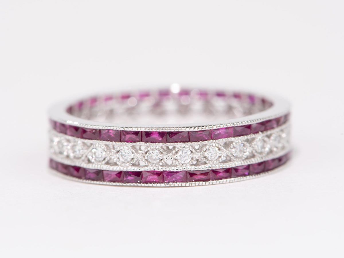 Art Deco Diamond Milgrain Eternity Ring French Cut Ruby Rubies Vintage Inspired 18K White Gold Wedding Band AD1654 Aurora Designer