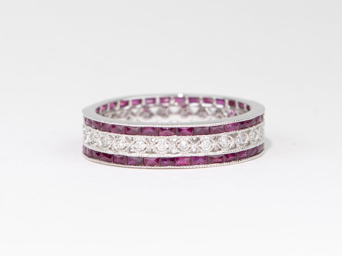 Art Deco Diamond Milgrain Eternity Ring French Cut Ruby Rubies Vintage Inspired 18K White Gold Wedding Band AD1654 Aurora Designer