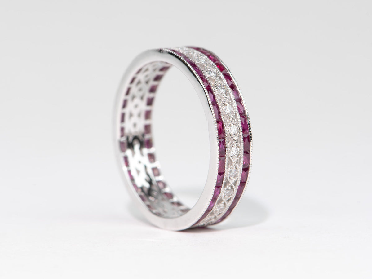 Art Deco Diamond Milgrain Eternity Ring French Cut Ruby Rubies Vintage Inspired 18K White Gold Wedding Band AD1654 Aurora Designer