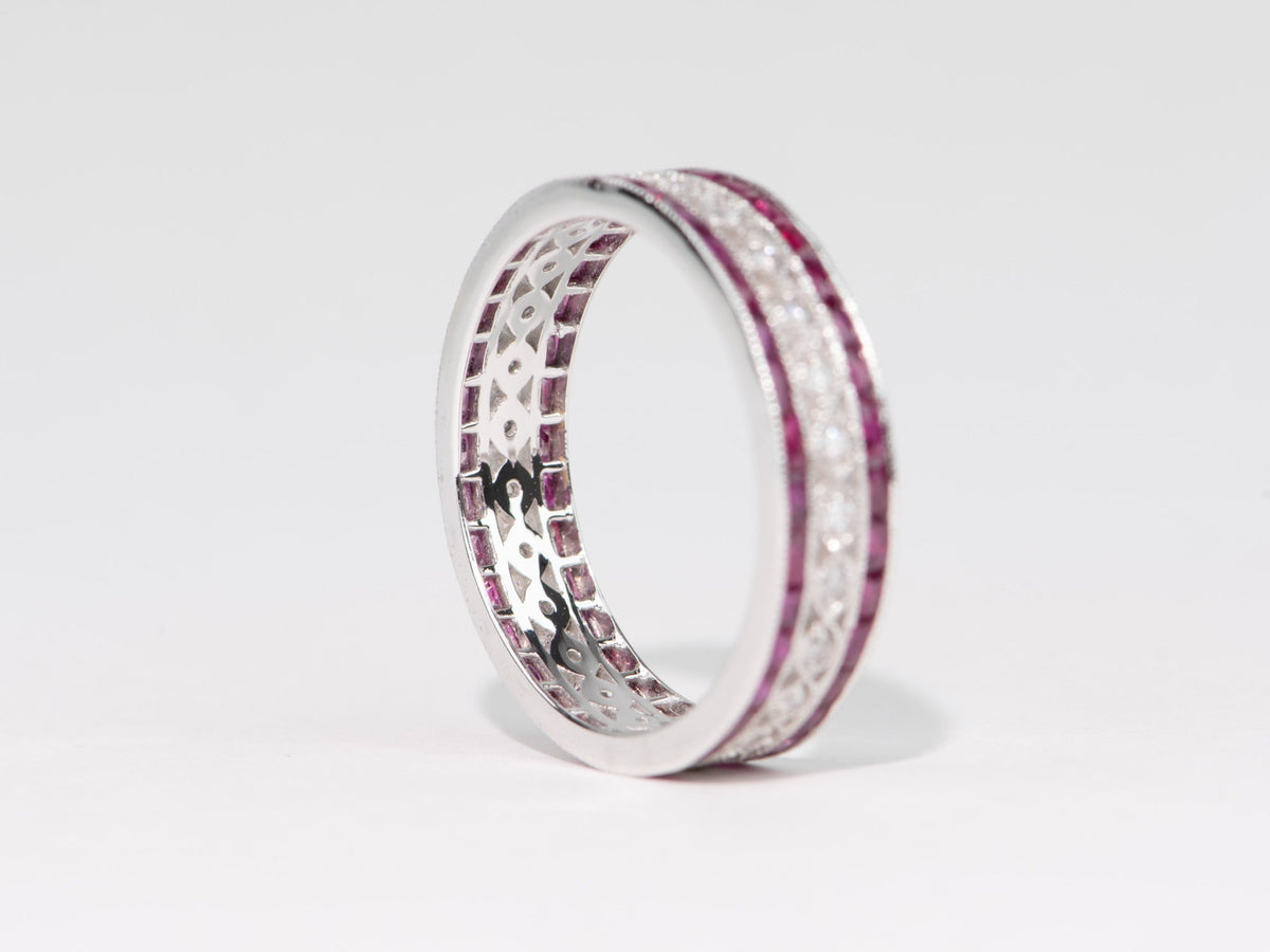 Art Deco Diamond Milgrain Eternity Ring French Cut Ruby Rubies Vintage Inspired 18K White Gold Wedding Band AD1654 Aurora Designer