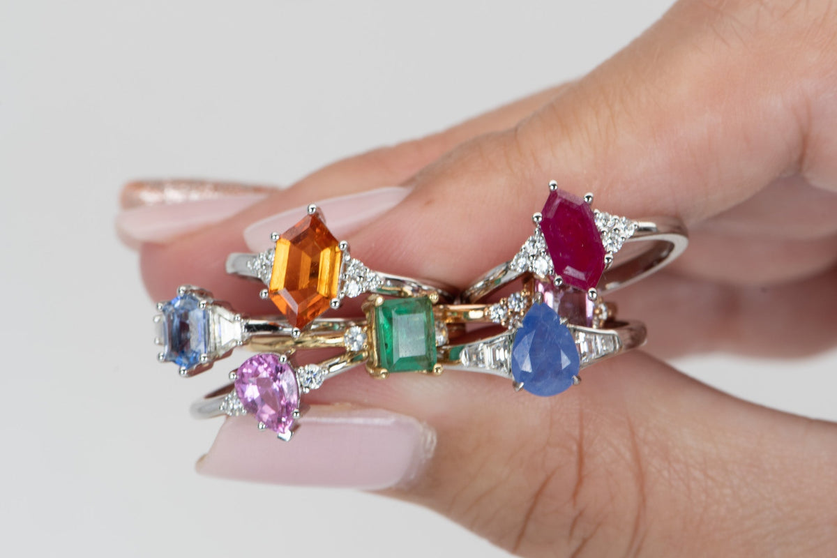 Emerald and White Sapphire 3-Stone Ring 14K Gold T016 Aurora Designer